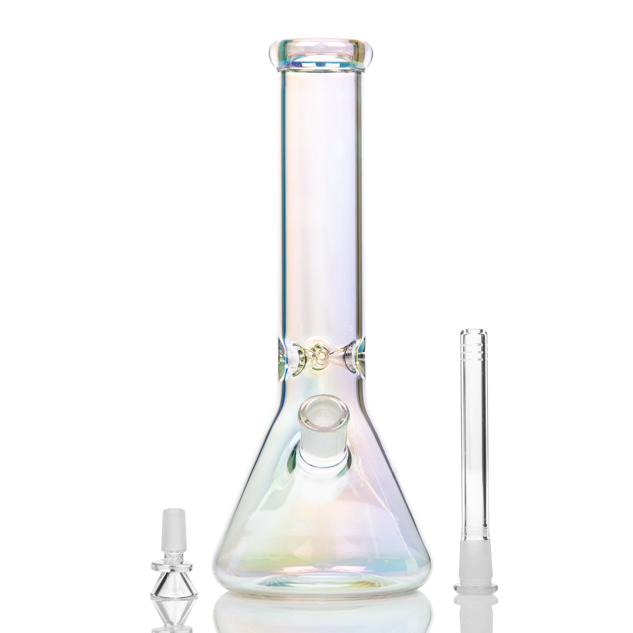 Chromatic glass beaker bong with holographic effect with down stem and cone piece.