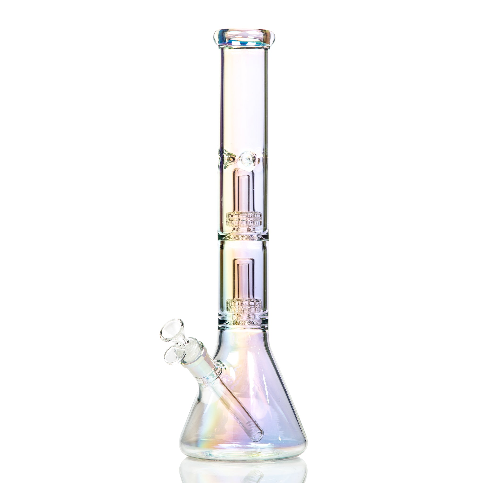A tall glass beaker bong with holographic or chromatic effect. This bong features two UFO style percs.