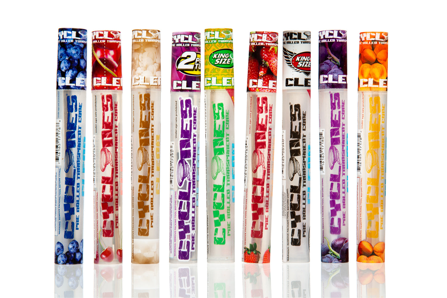 Cyclones transparent pre-rolled cones in various flavours.