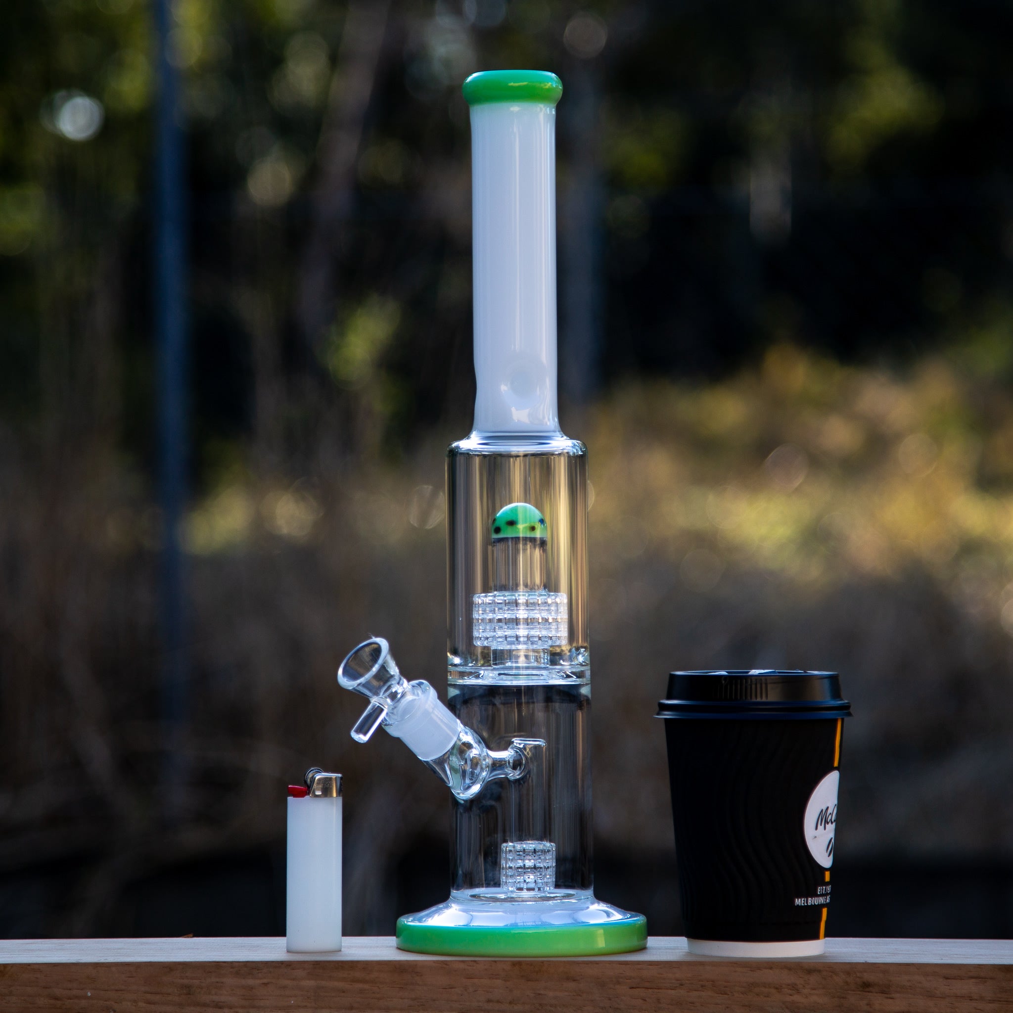 Glass bong with twin percs at Easy Bong Australia. High diffusion bong that looks great as well.