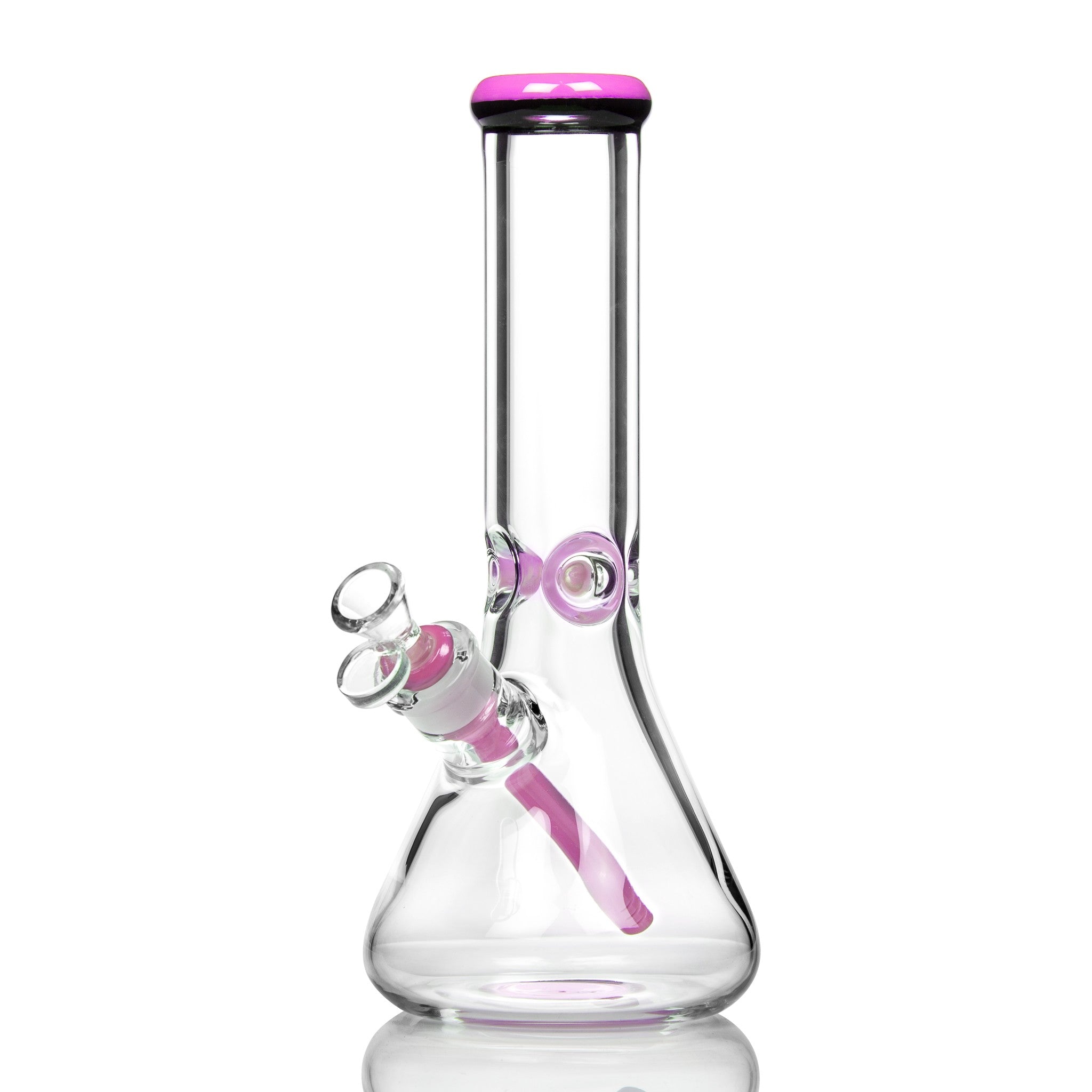 Medium sized thick glass beaker bong with pink mouth piece.