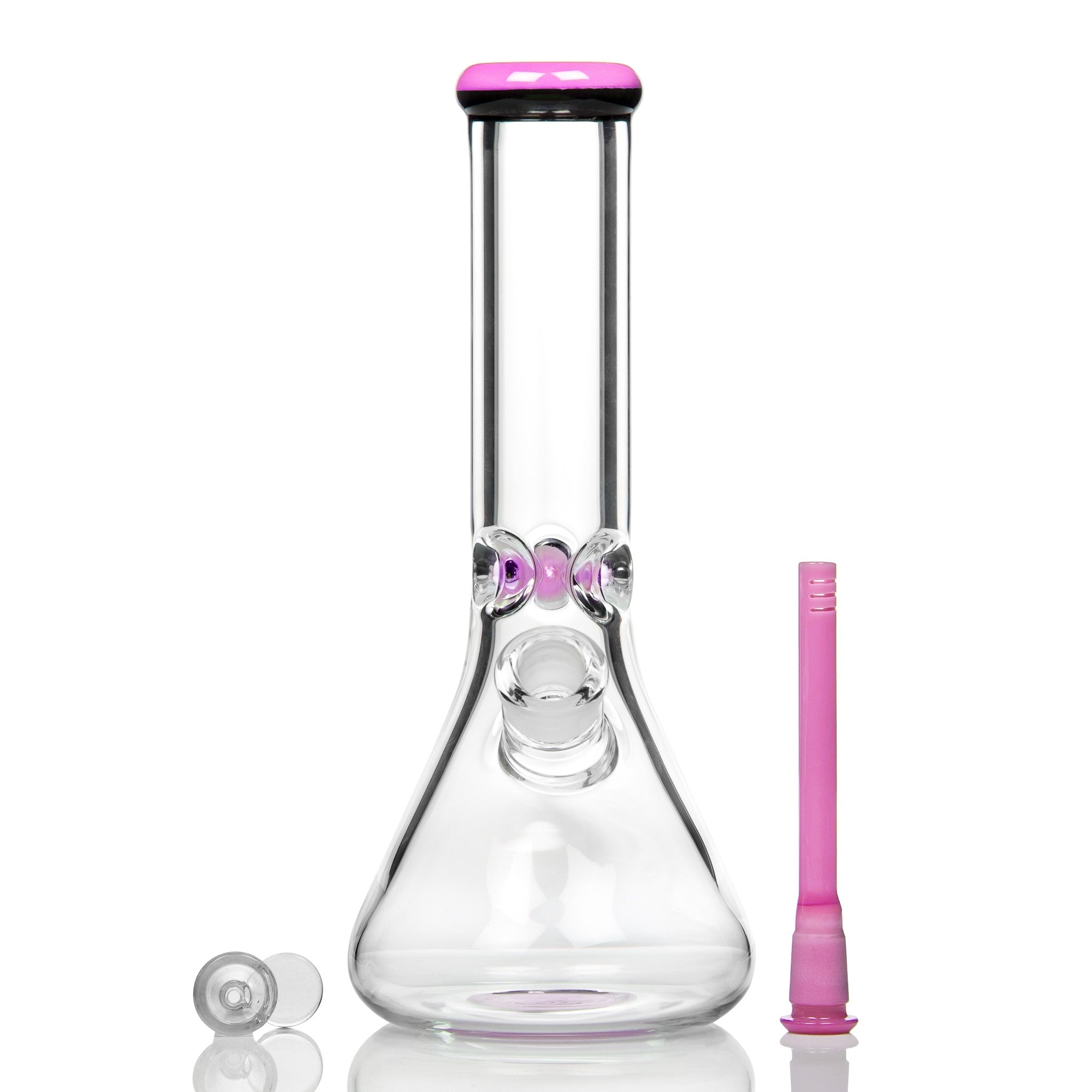 Thick glass beaker bongs of medium size with pink coloured parts.
