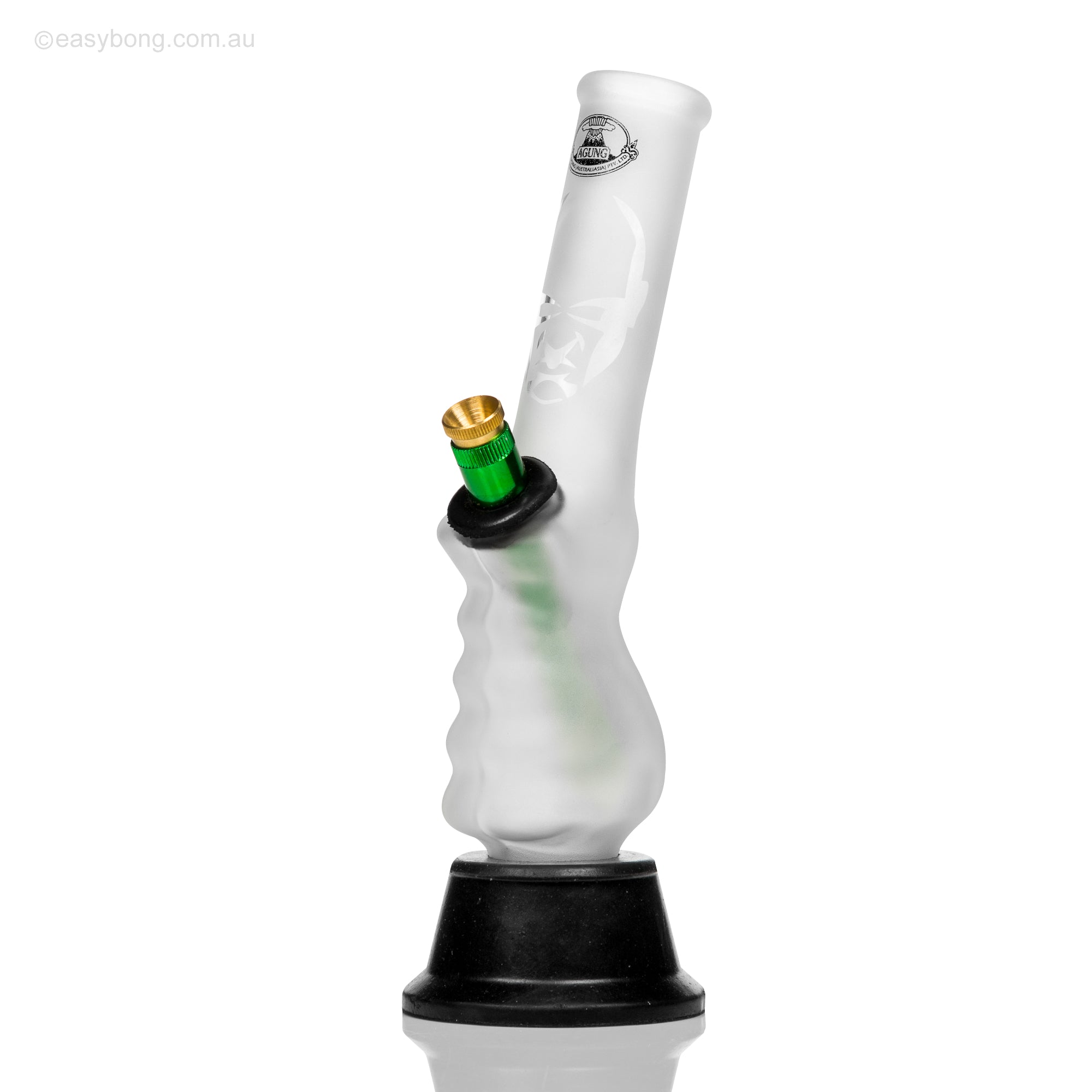 Agung frosted glass gripper bong with metal stem and brass cone piece.