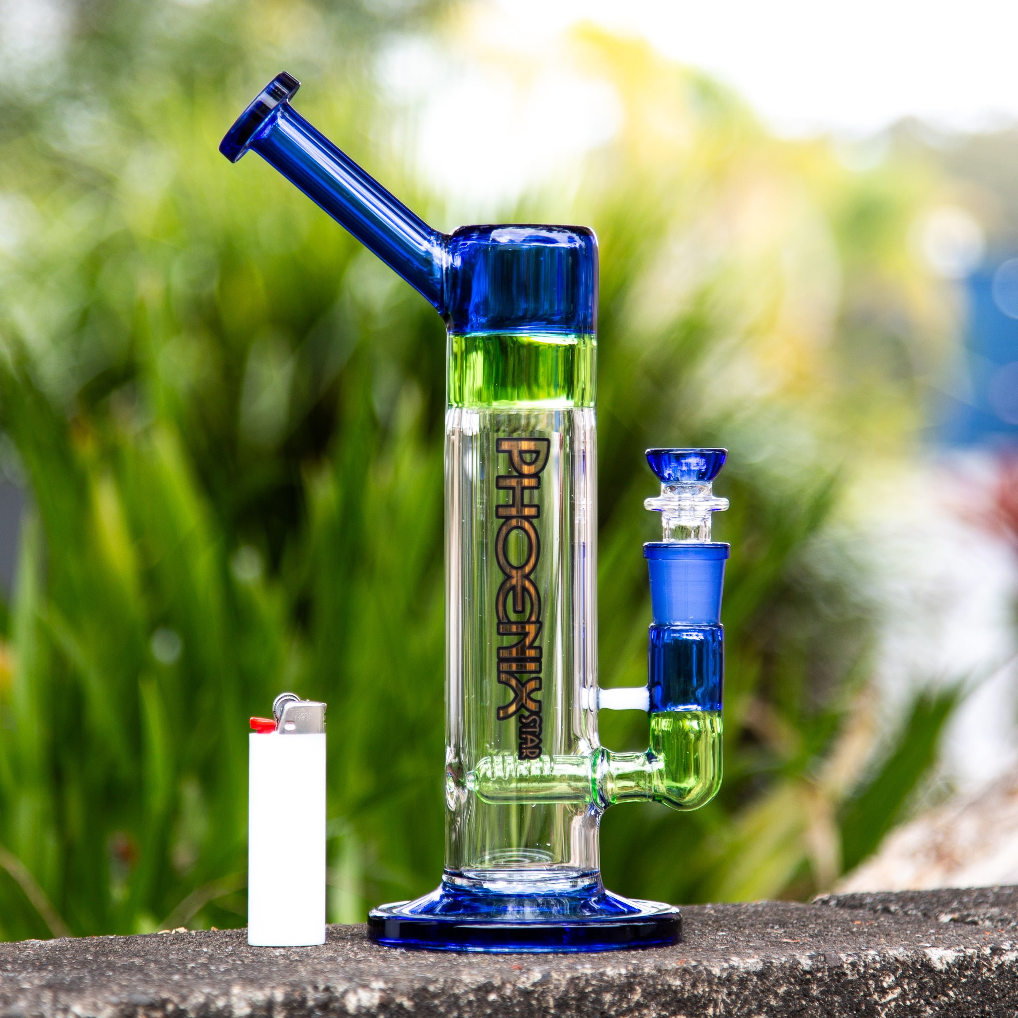 Blue and green medium size glass bong for Aussie stoners.