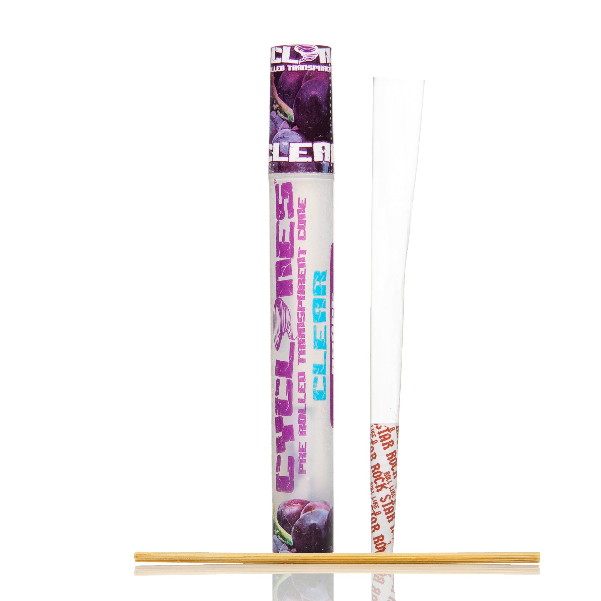 Cyclones transparent pre-rolled cones in grape flavour.