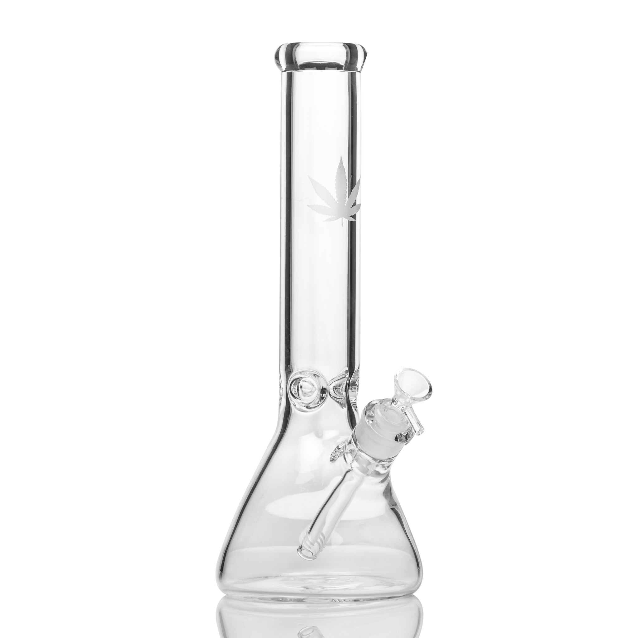 Heavy glass beaker bong with cannabis leaf decal for Australian medical marijuana patients.