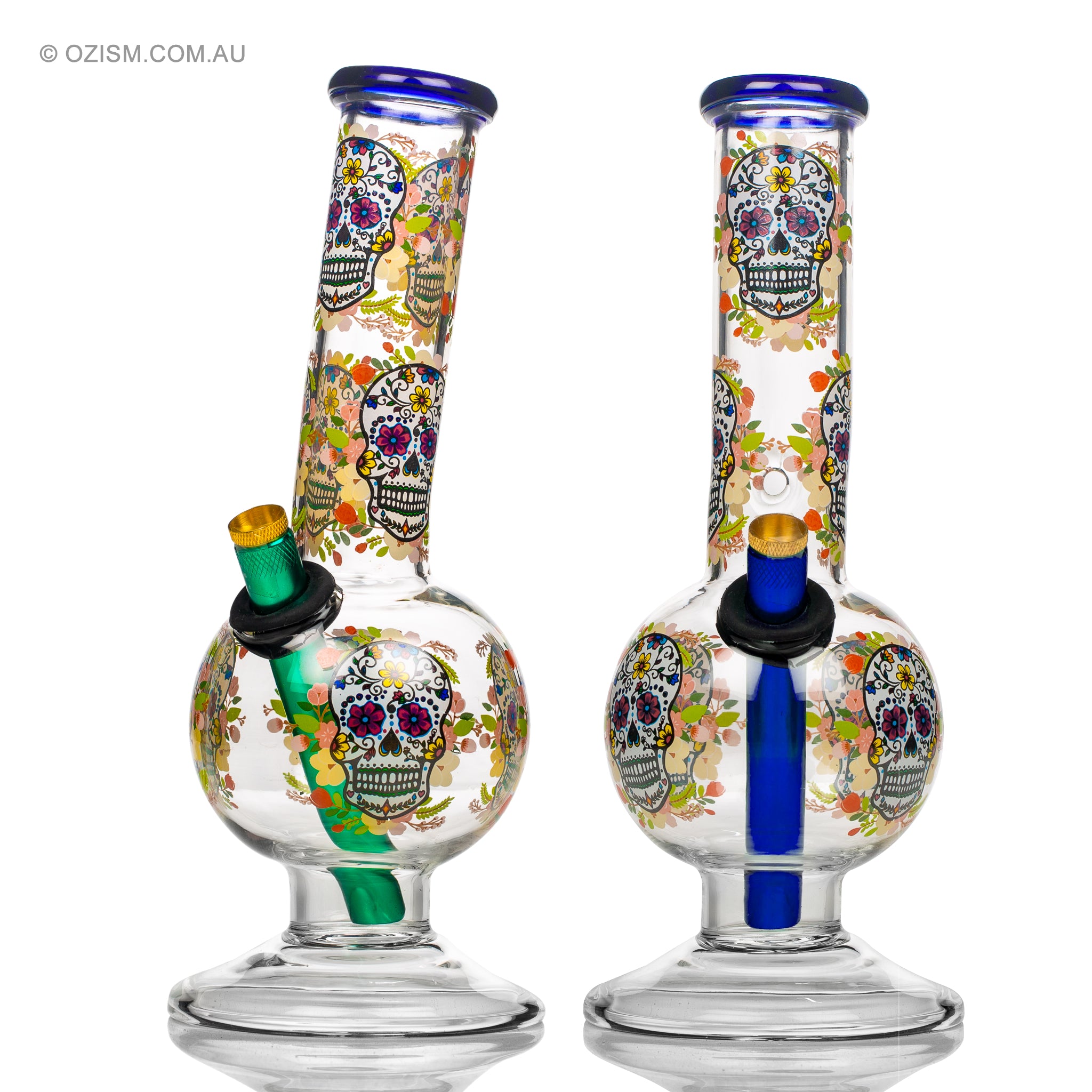 Aussie style glass bong with skull decals.