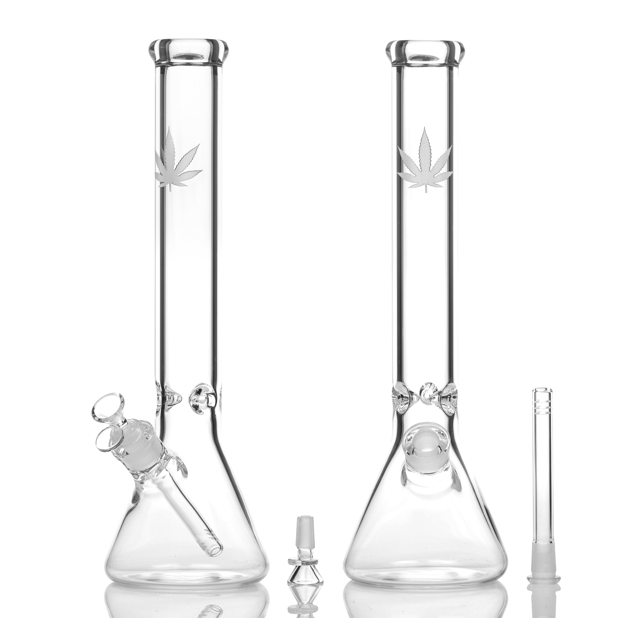 Thick glass beaker bong with cannabis leaf design etched into neck.