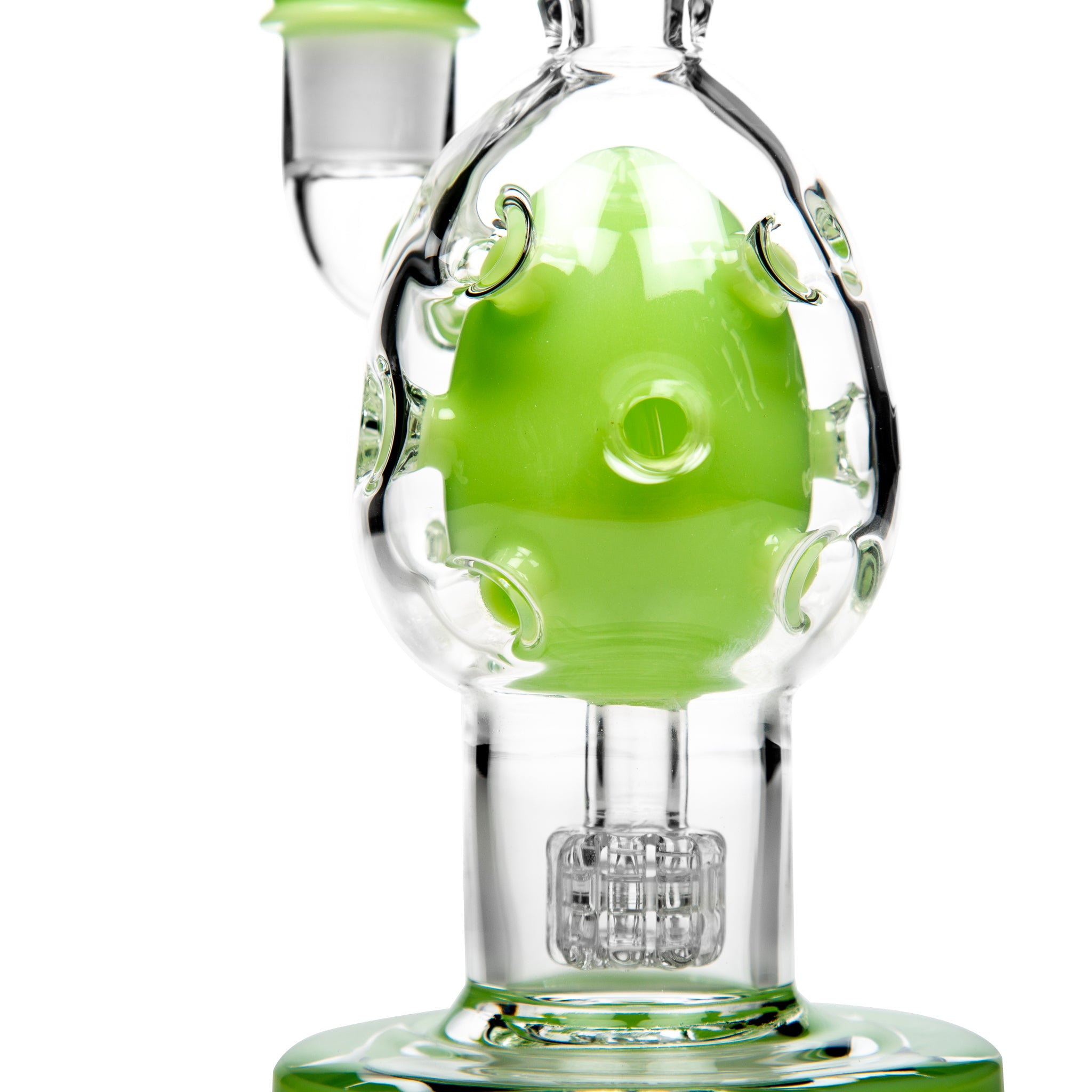 Fab egg style design of glass bong showing percolator to create a smooth draw.