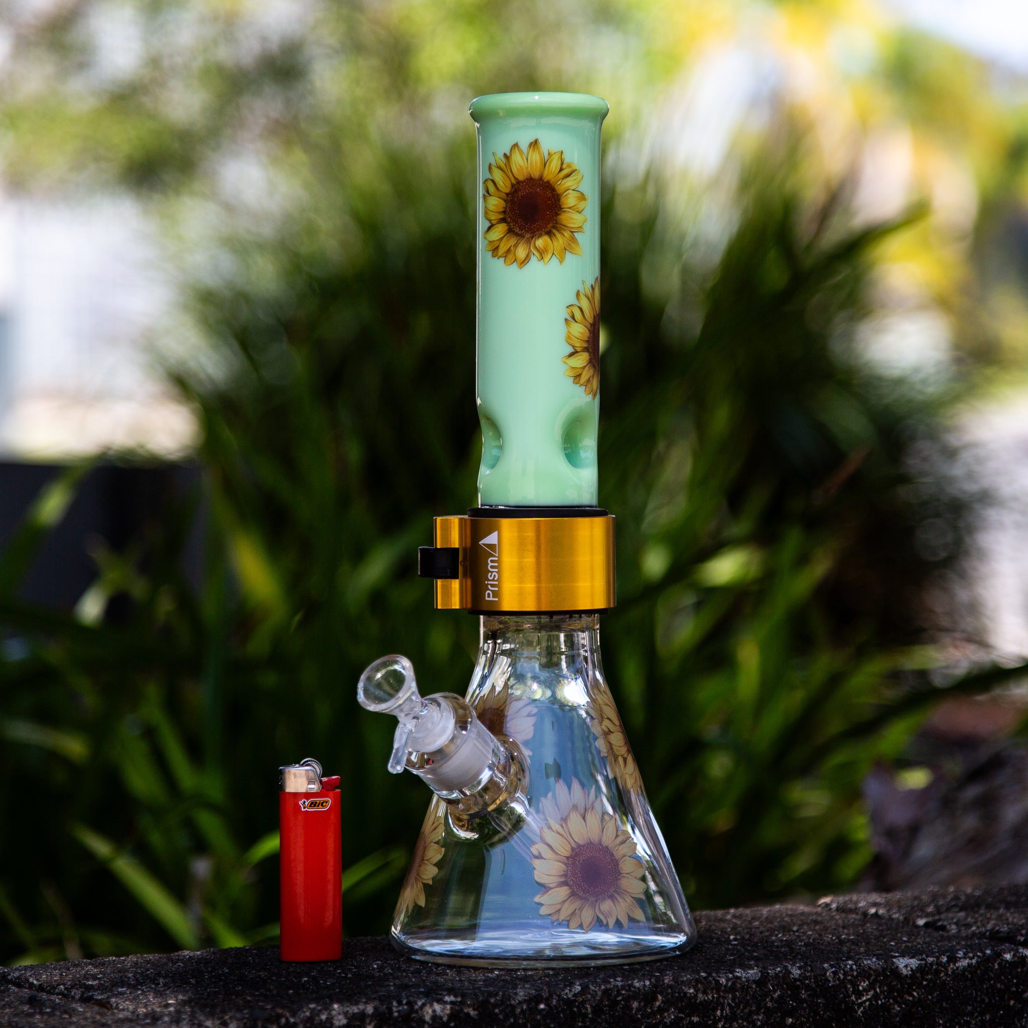 Prism Glass Beaker Bong Green Sunflower Gold Clamp