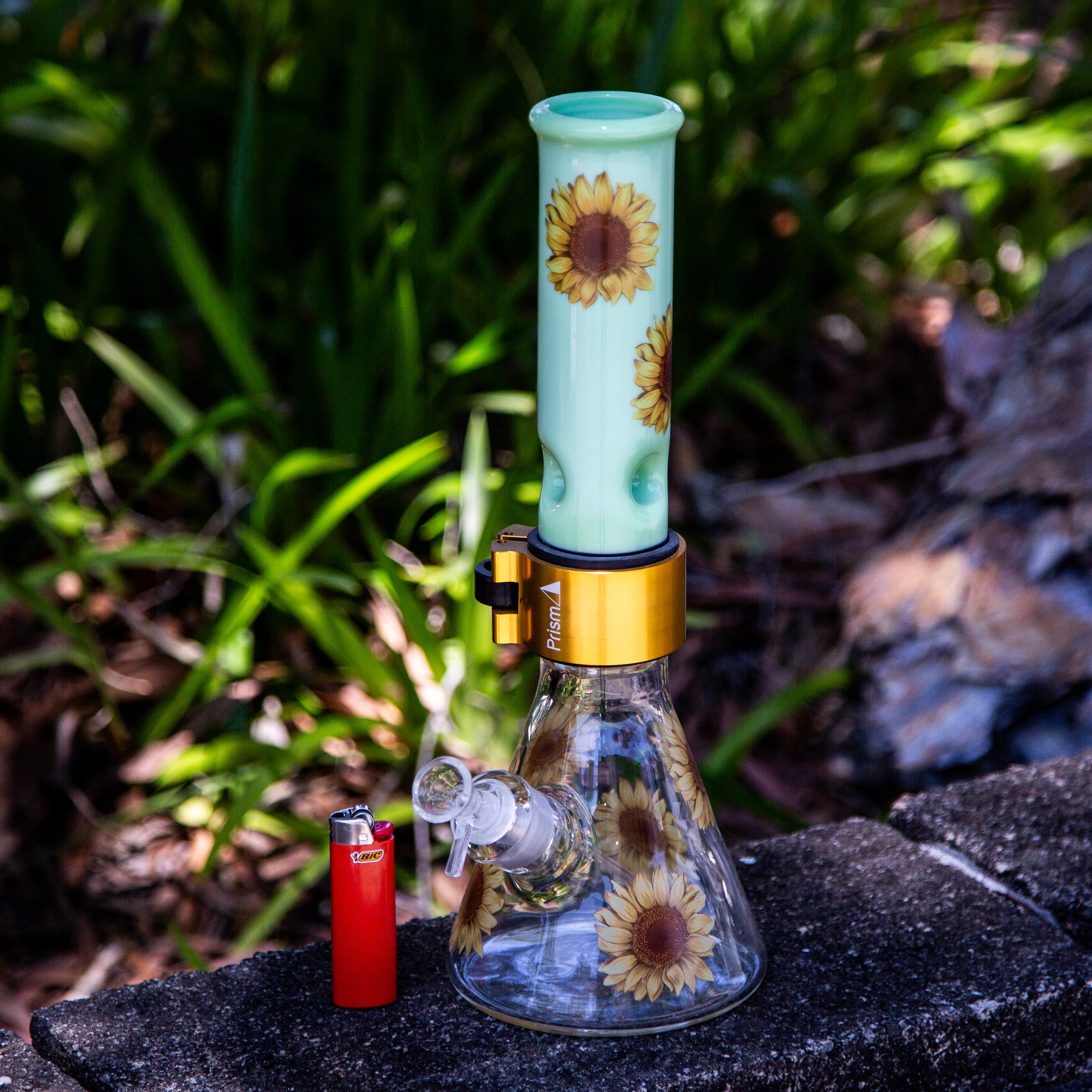 Prism Glass Beaker Bong Green Sunflower Gold Clamp