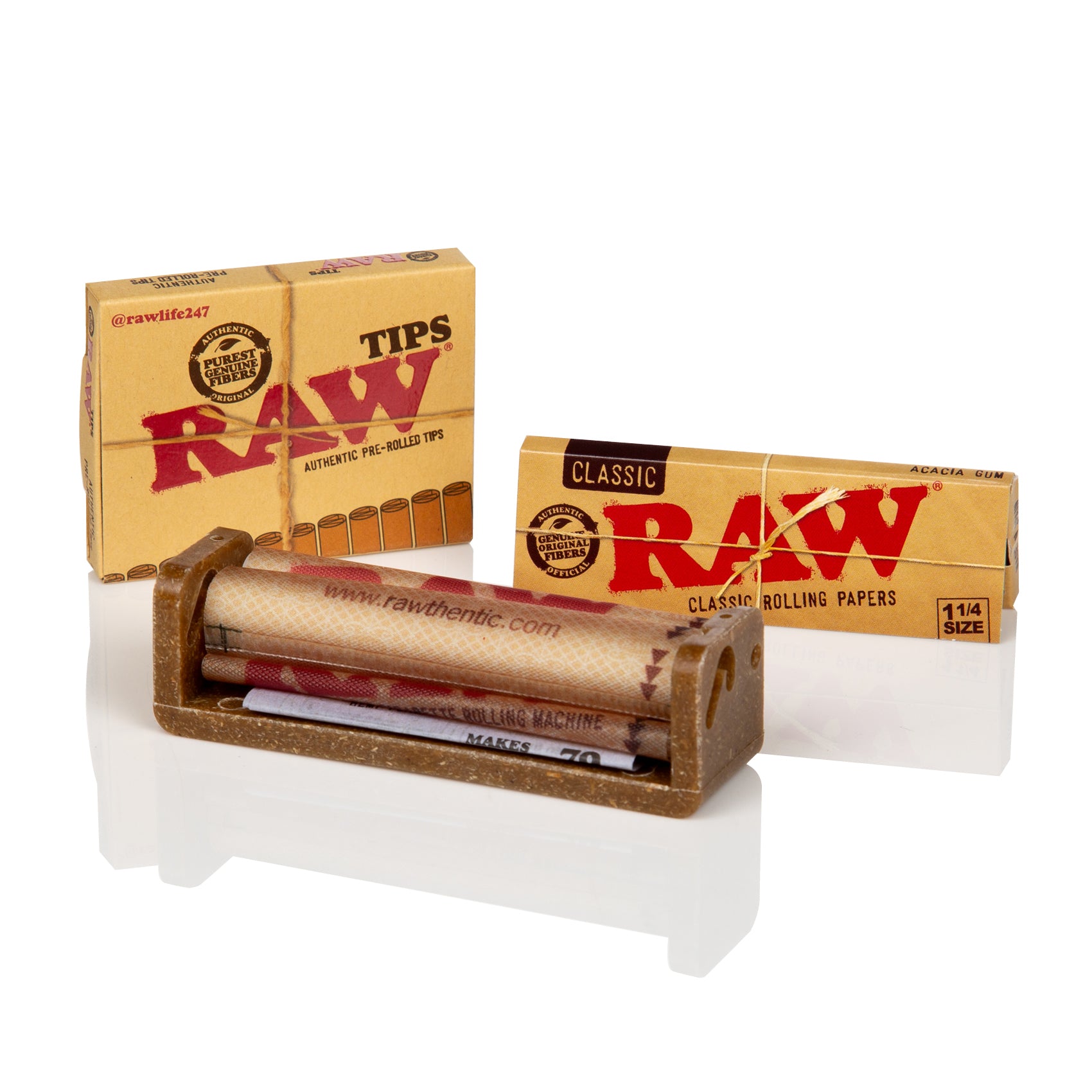 RAW rolling kit with papers tips and a rolling machine