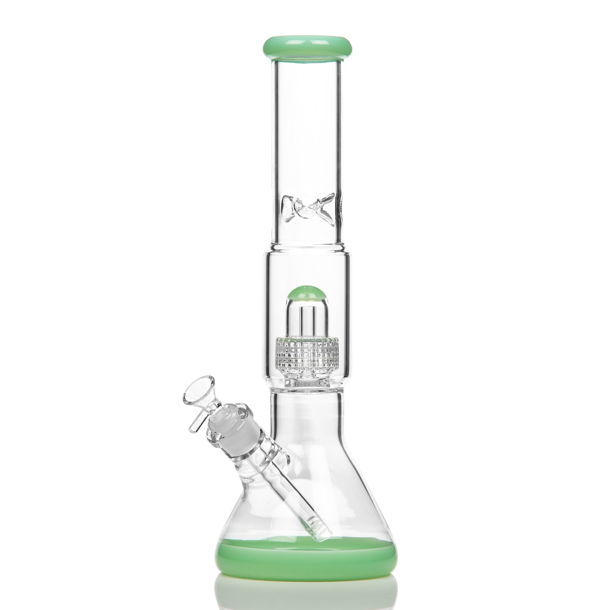 Solid glass beaker bong with dome perc and diffused down stem, comes with cone piece.