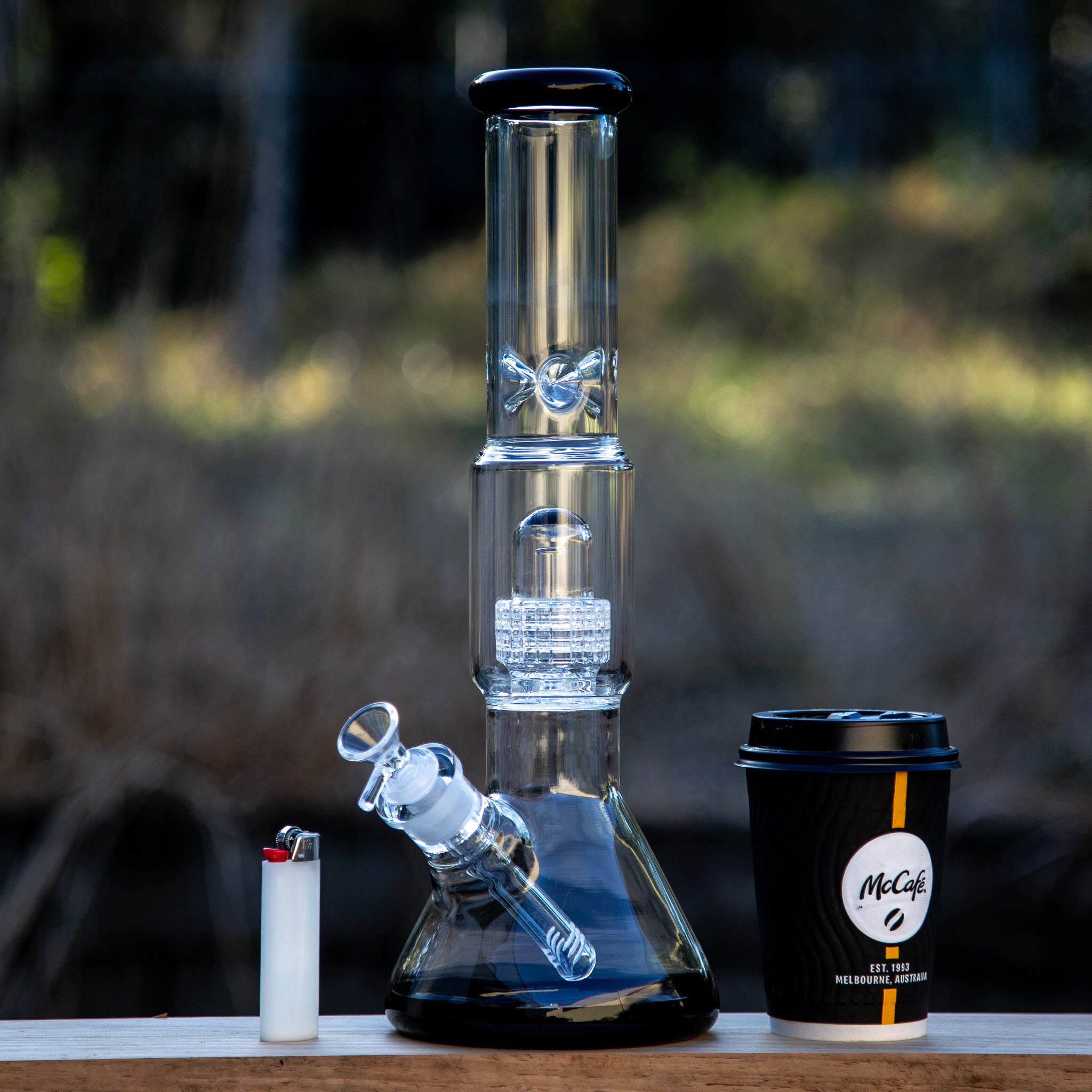 Beaker bong with lighter for size comparison available at Australian smoke shop easybong.com.au