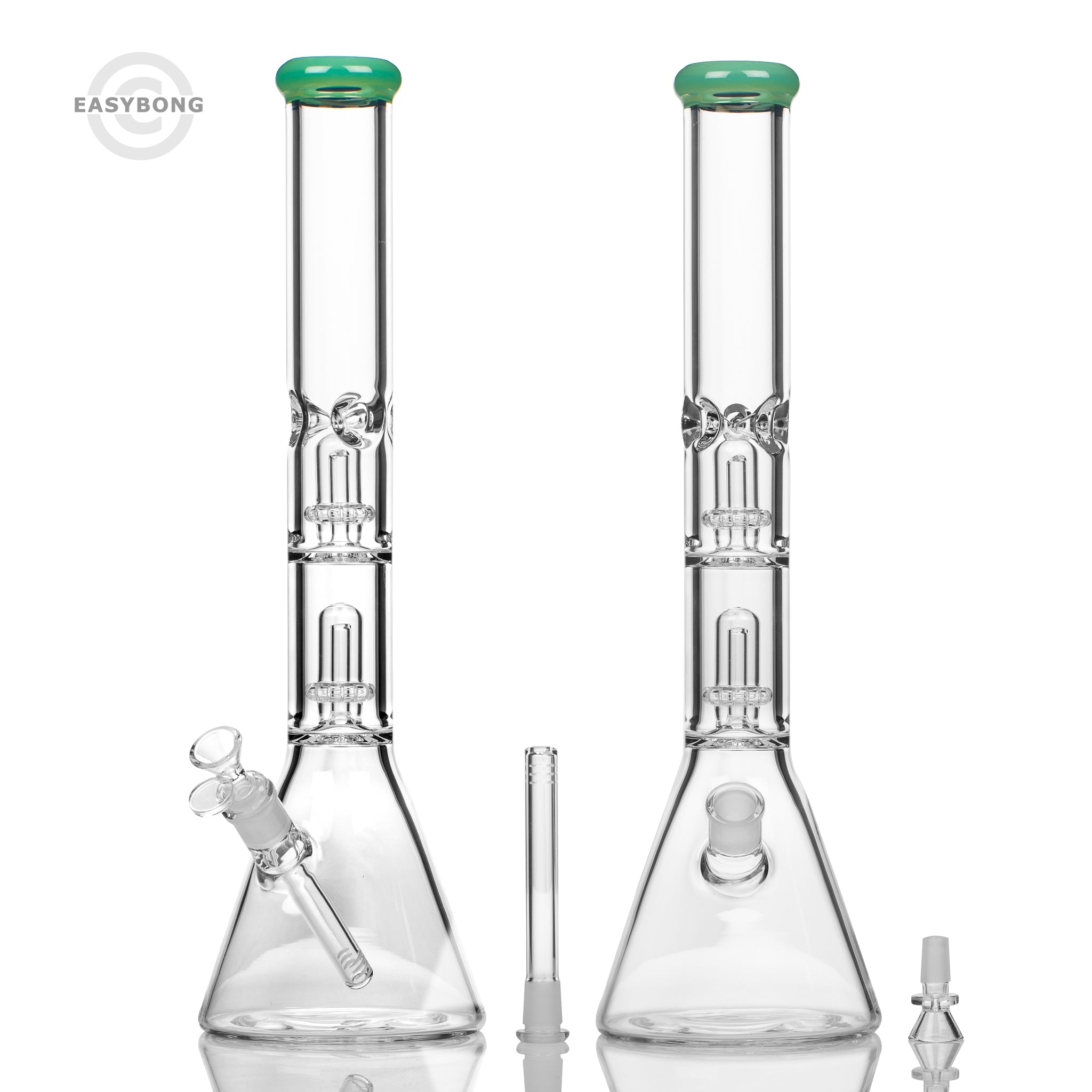 Large glass beaker bongs with stem and cone as well as twin percs.