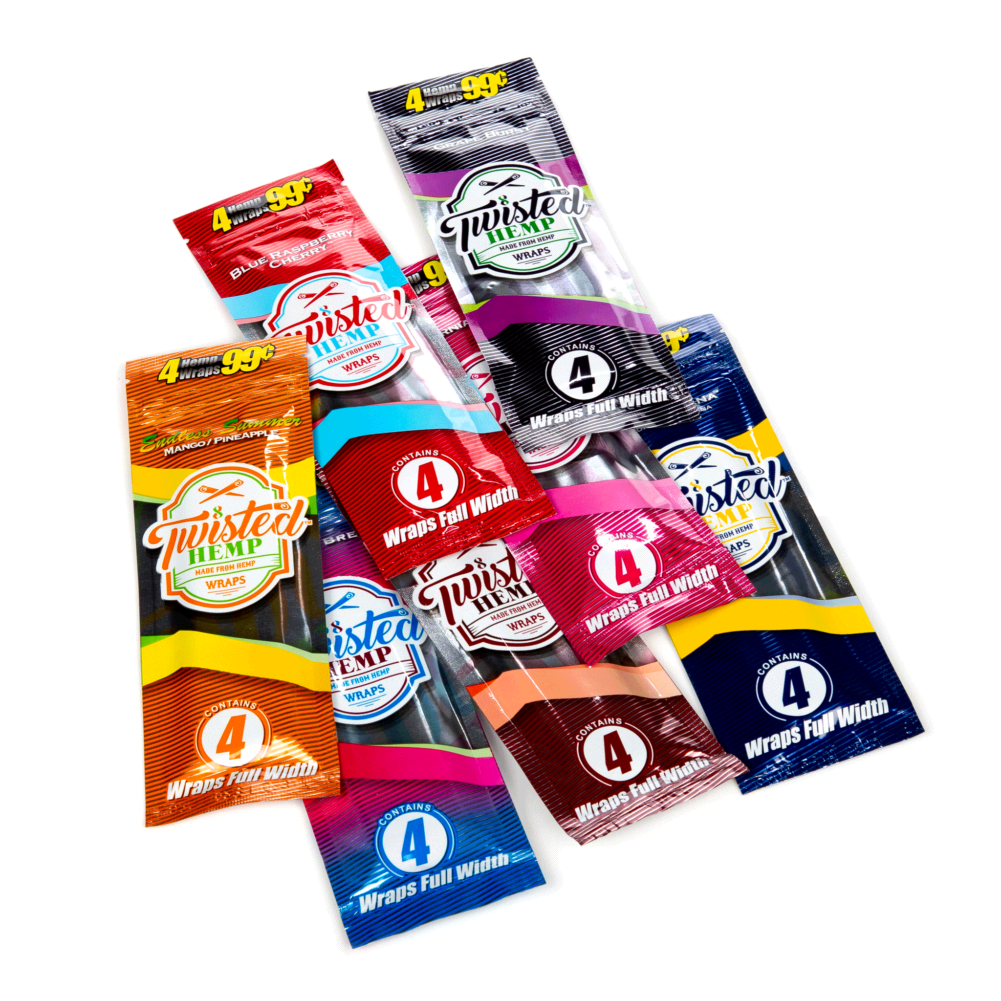 Twisted hemp blunt wraps in 7 flavours for rolling blunts.