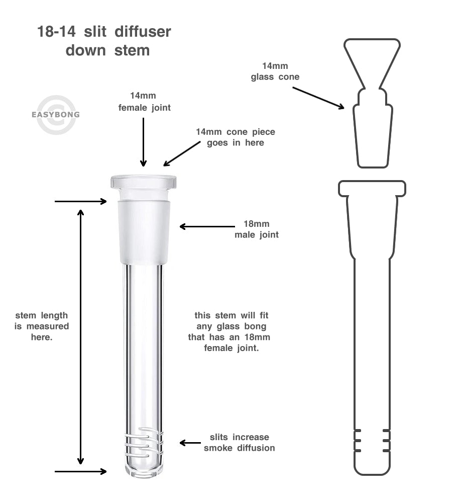 Diagram showing how a glass down stem for glass bongs is designed.